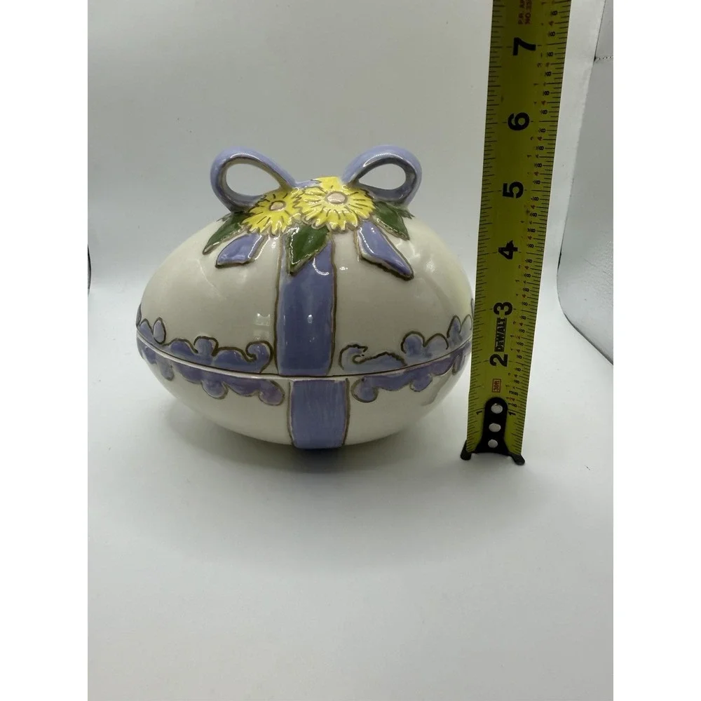 Ceramic Floral Trinket Box Purple Ribbon Yellow Flowers Lidded Jewelry Dish